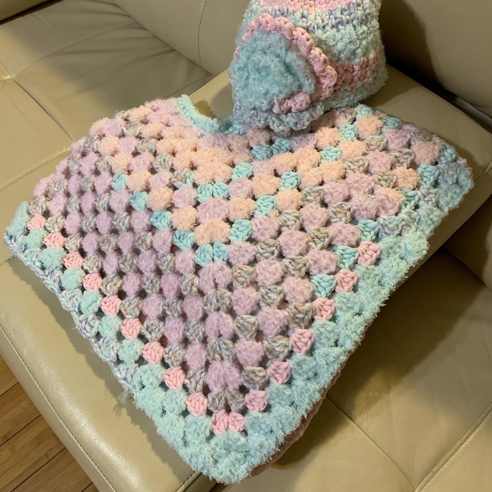 Child’s poncho with matching hat hand crochet